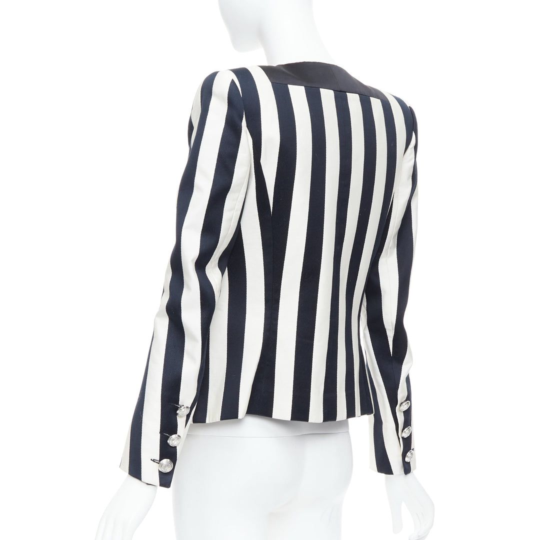 BALMAIN black white cotton blend bold striped power shoulder blazer FR38 M