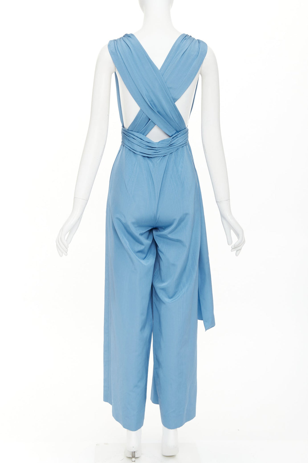 OSCAR DE LA RENTA S20 Runway sky blue moire faille sash tie jumpsuit US0 XS