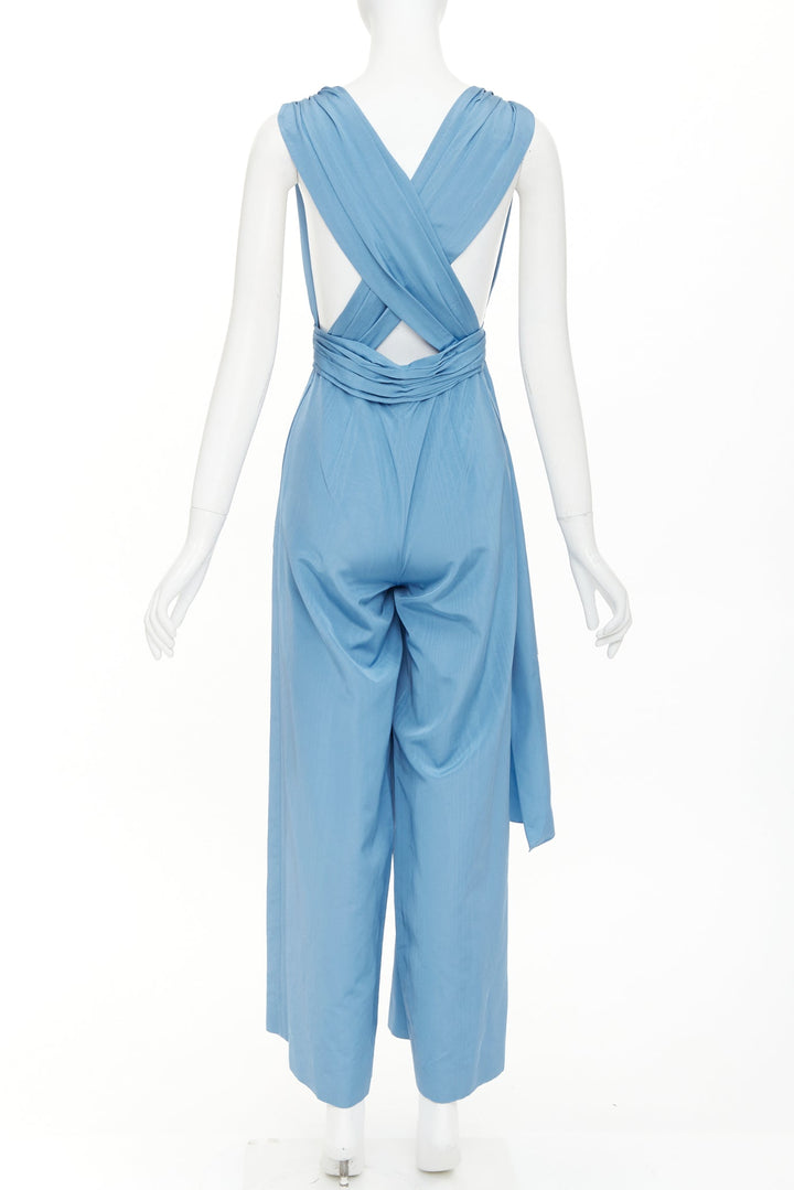OSCAR DE LA RENTA S20 Runway sky blue moire faille sash tie jumpsuit US0 XS