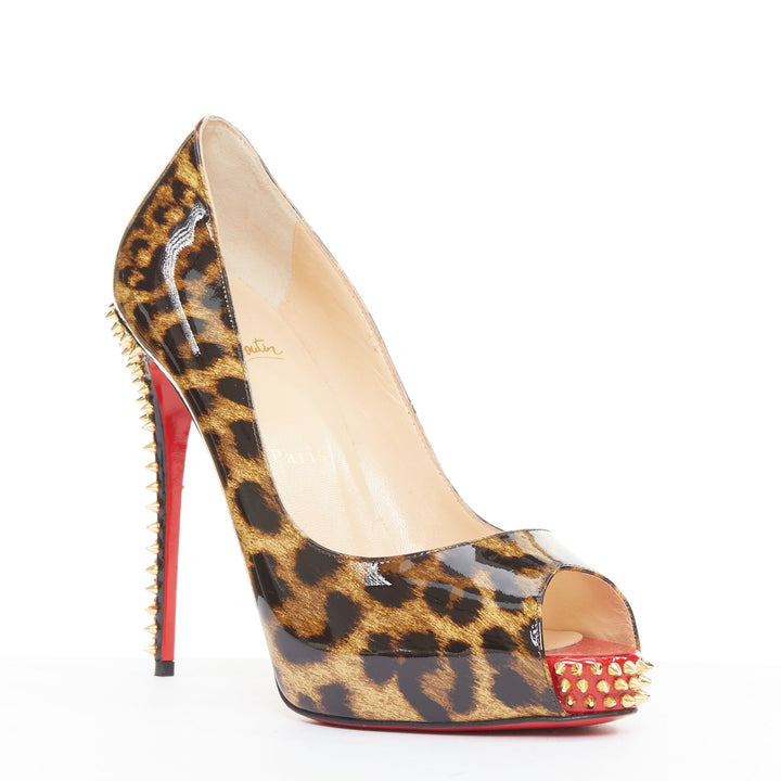 CHRISTIAN LOUBOUTIN Very Prive Spikes 120 brown leopard patent peep heels EU39