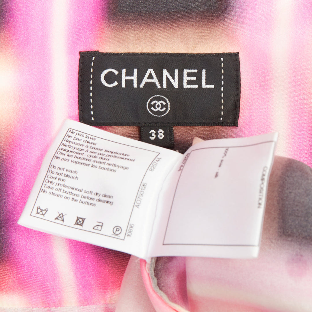 CHANEL 2017 Runway neon pink plaid digital graffiti silk blouse dress FR38 M