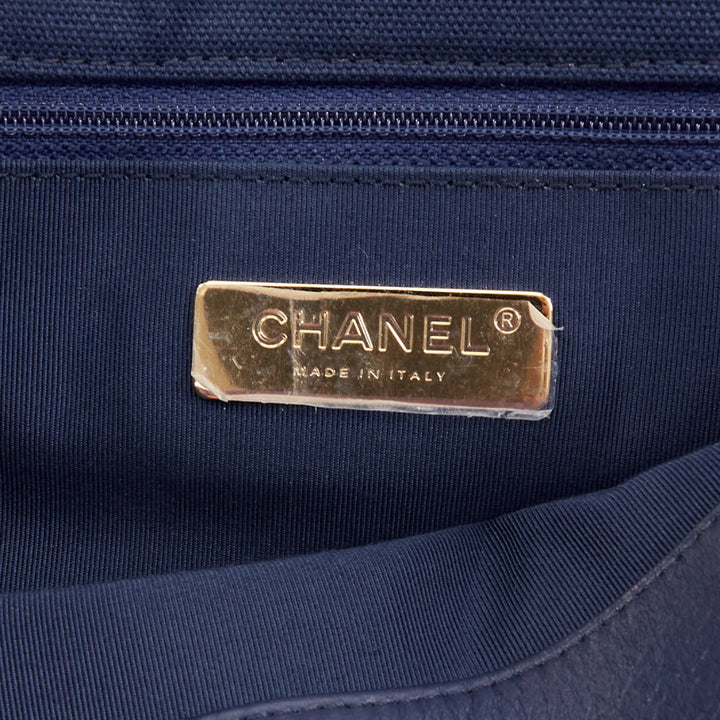 CHANEL 2021 19 navy cotton canvas fringe quilted mixed chain flap bag