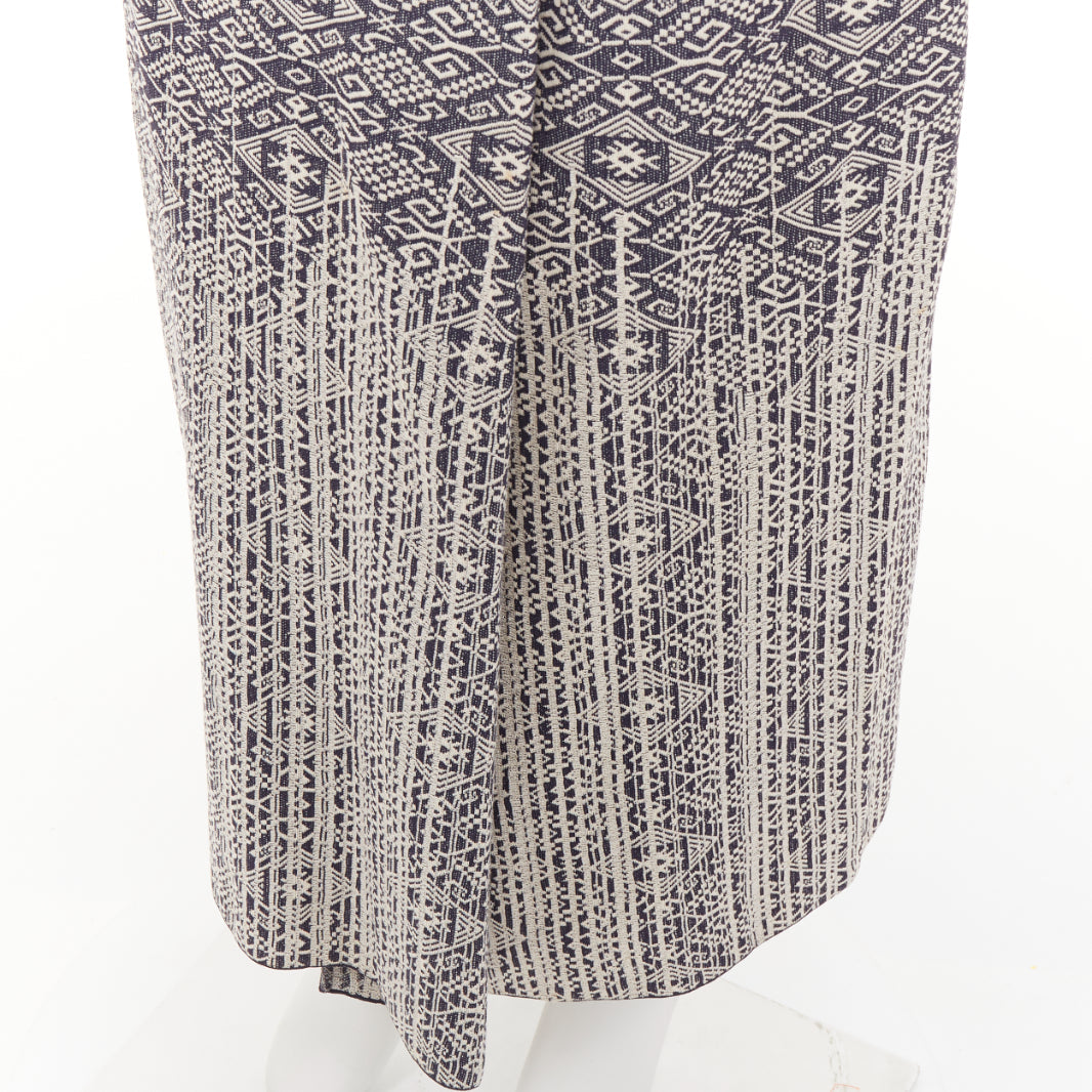CHANEL 2014 blue cream CC geometric diamond jacquard frayed wrap skirt FR40 L