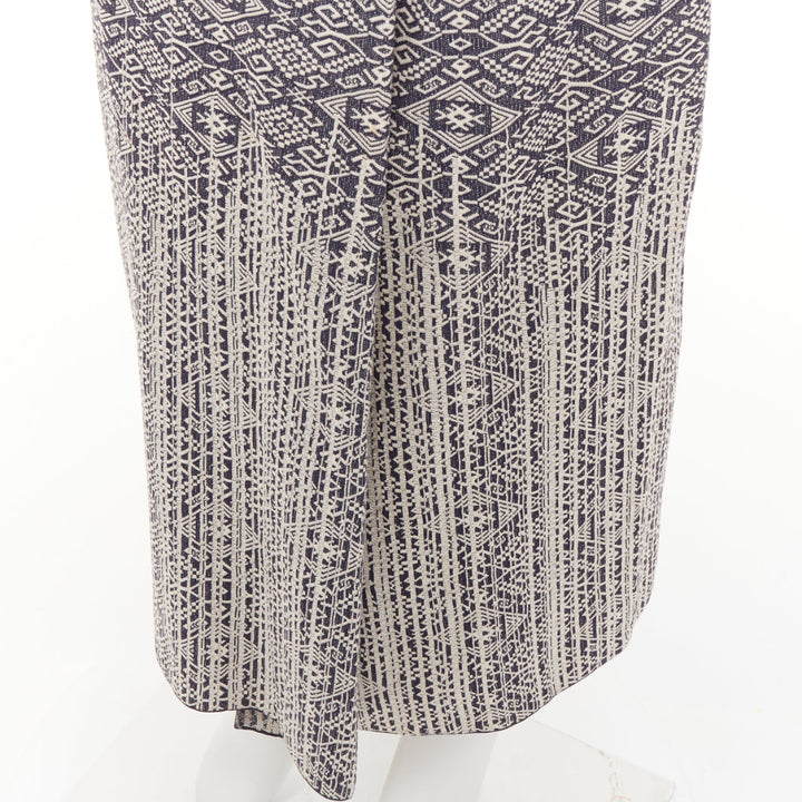CHANEL 2014 blue cream CC geometric diamond jacquard frayed wrap skirt FR40 L