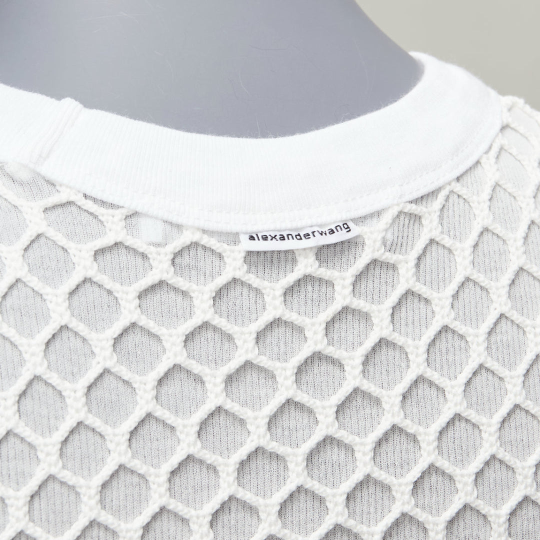 T ALEXANDER WANG white cotton net overlay crew neck fitted top XS