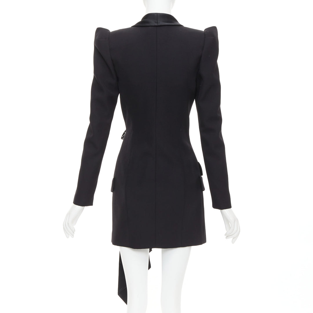 ALEXANDRE VAUTHIER puff sleeve belted tuxedo plunge self tie mini dress FR34 XS