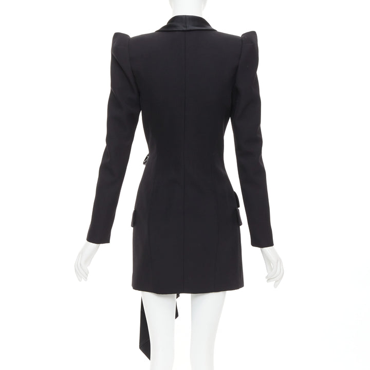 ALEXANDRE VAUTHIER puff sleeve belted tuxedo plunge self tie mini dress FR34 XS