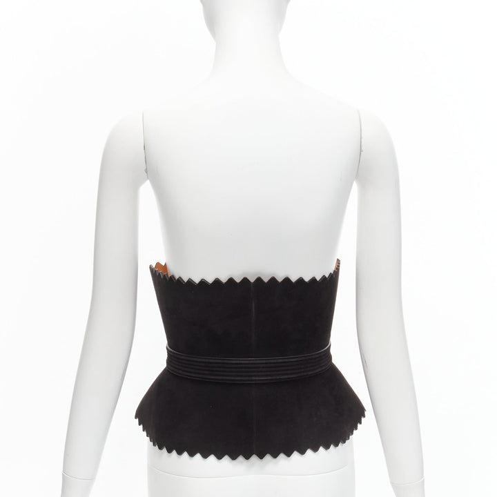rare AZZEDINE ALAIA black suede leather wide scallop corset statement belt 70cm