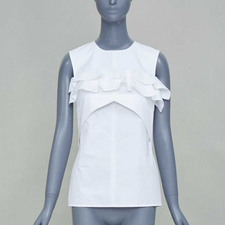 LOUIS VUITTON white poplin ruffle chest panel sleeveless top shirt FR38 M