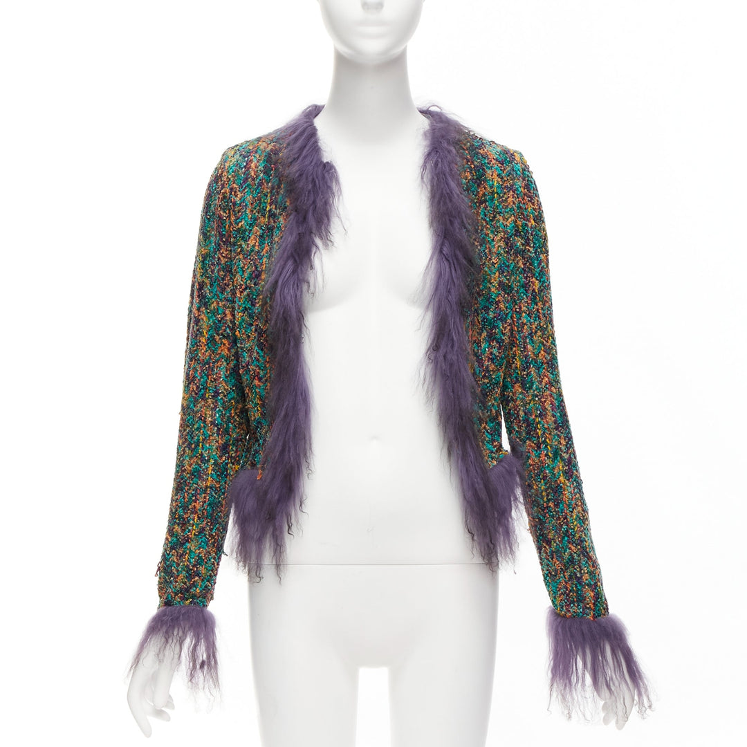 rare EMANUEL UNGARO purple faux fur trim green speckled tweed cro jacket IT38 XS