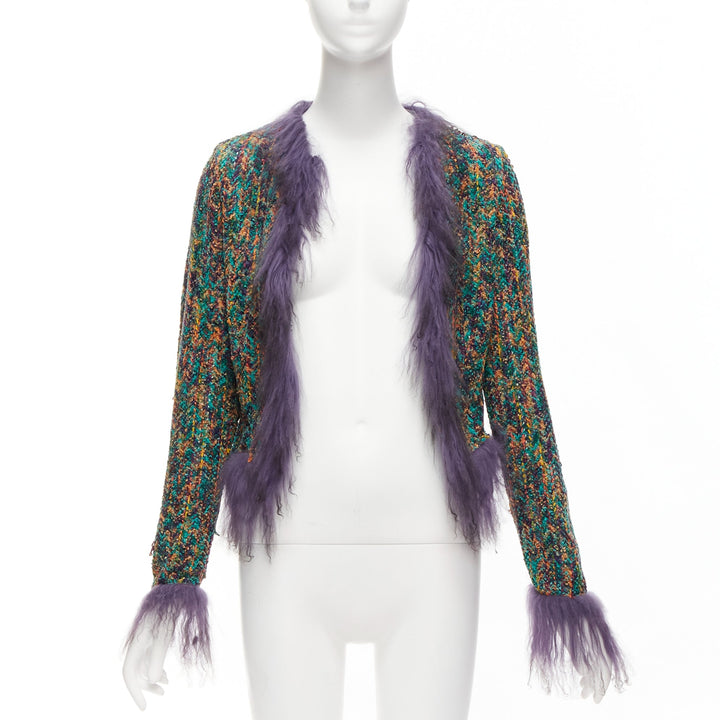 rare EMANUEL UNGARO purple faux fur trim green speckled tweed cro jacket IT38 XS