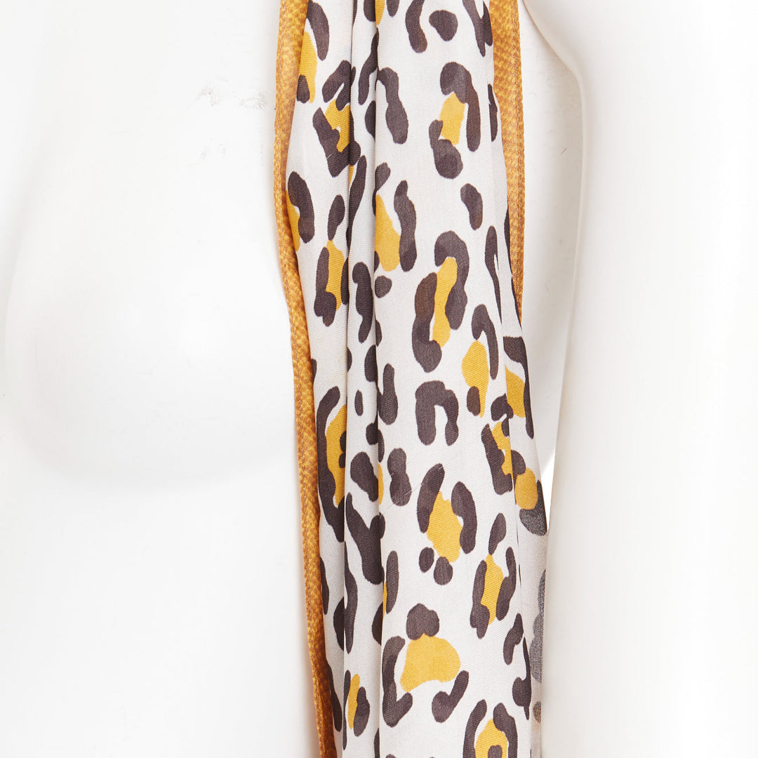 FENDI 100% silk brown leopard print logo border long rectangular scarf
