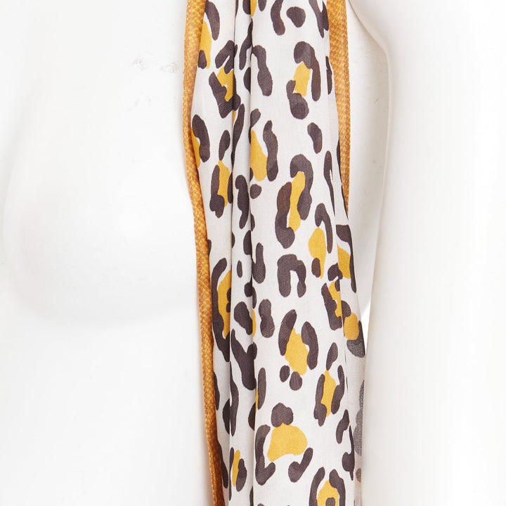 FENDI 100% silk brown leopard print logo border long rectangular scarf