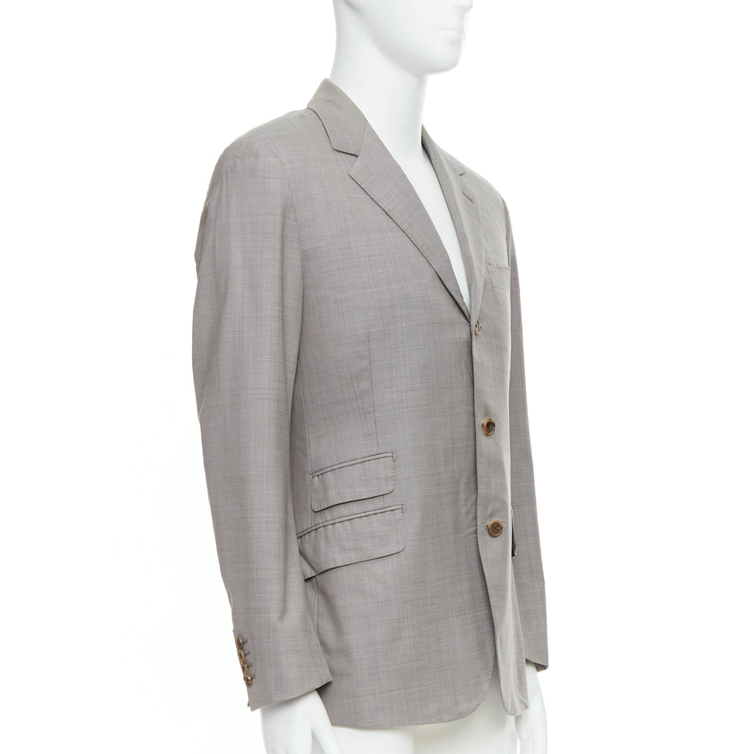 HERMES beige 100% wool 3 pockets handstitched details blazer suit FR48 M