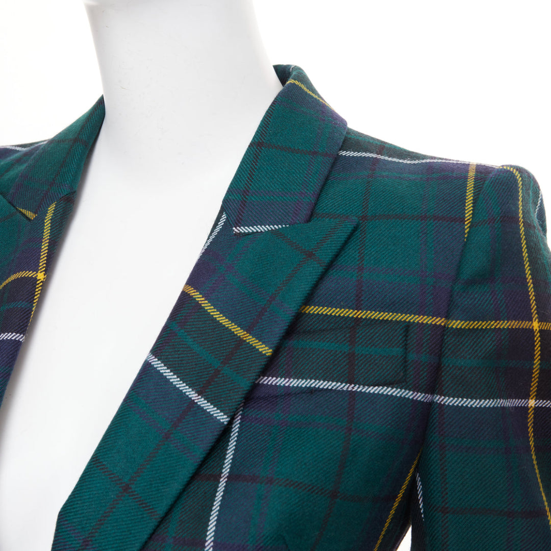 ALEXANDER MCQUEEN 2025 green wool tartan pointed shoulder blazer jacket IT36 XXS