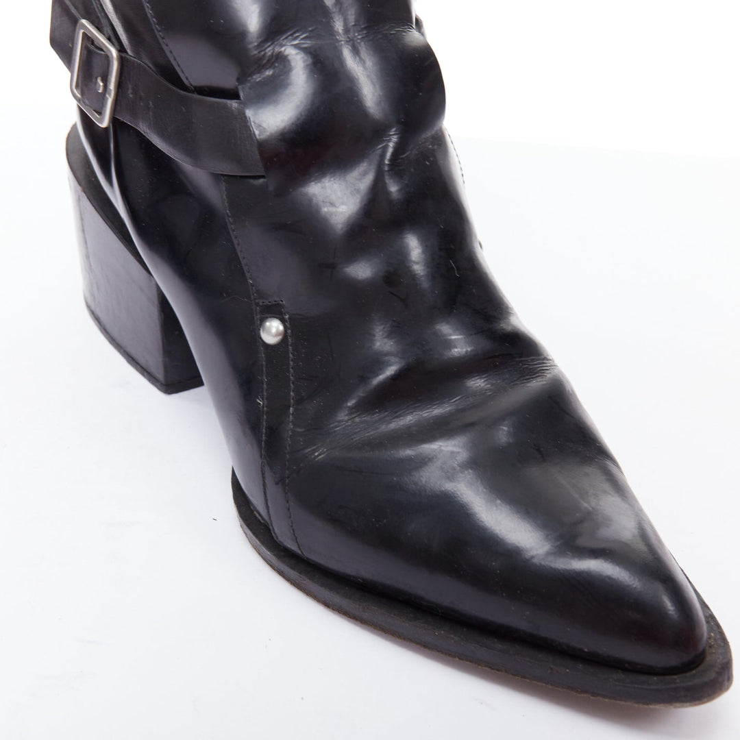 JIL SANDER black leather silver buckle block heel ankle boots EU38