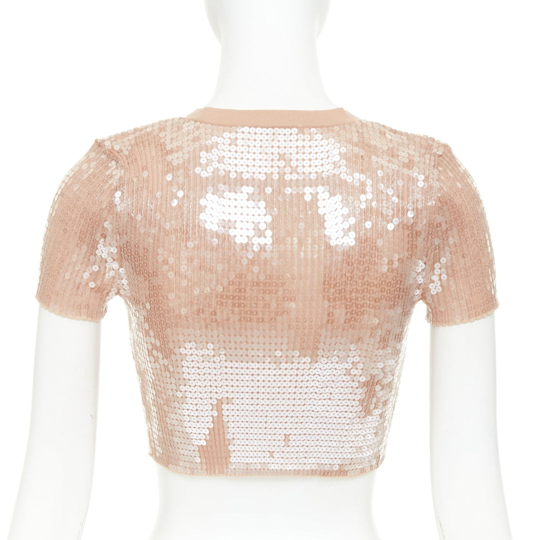 ALEXANDER WANG 2023 Sequin Ribbed nude beige clear sequins cropped sweater XS