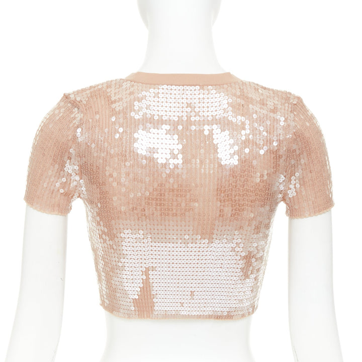 ALEXANDER WANG 2023 Sequin Ribbed nude beige clear sequins cropped sweater XS