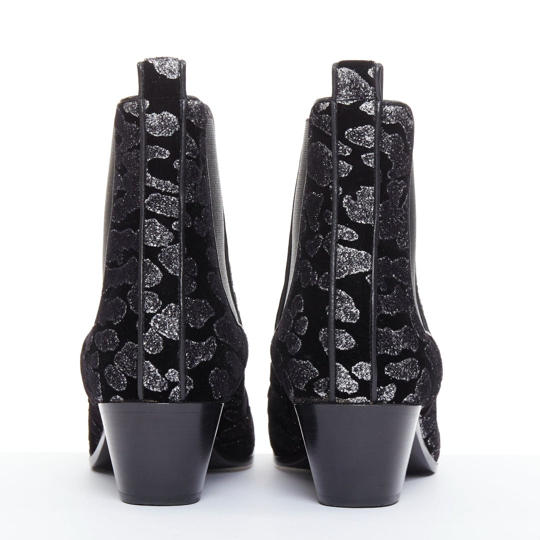 SAINT LAURENT Rock Leopard black grey glitter leopard velvet chelsea boots EU36