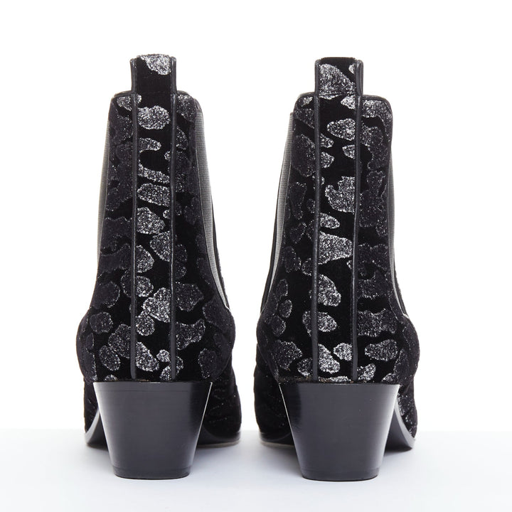 SAINT LAURENT Rock Leopard black grey glitter leopard velvet chelsea boots EU36