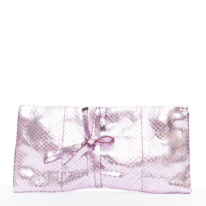 YVES SAINT LAURENT pink metallic scaled leather wraparound clutch bag