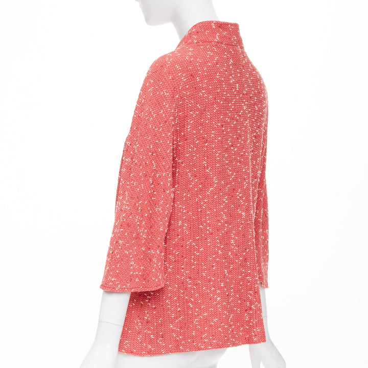 ST JOHN COUTURE light red textured boucle tweed gold button jacket US14 3XL