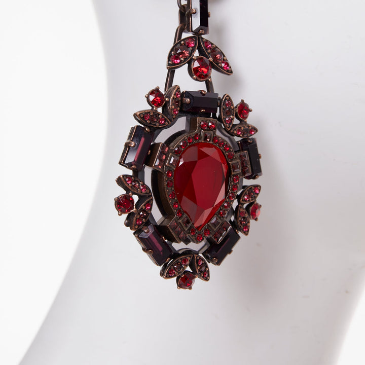 LANVIN Alber Elbaz red crystal rhinestone teardrop statement clip earrings pair