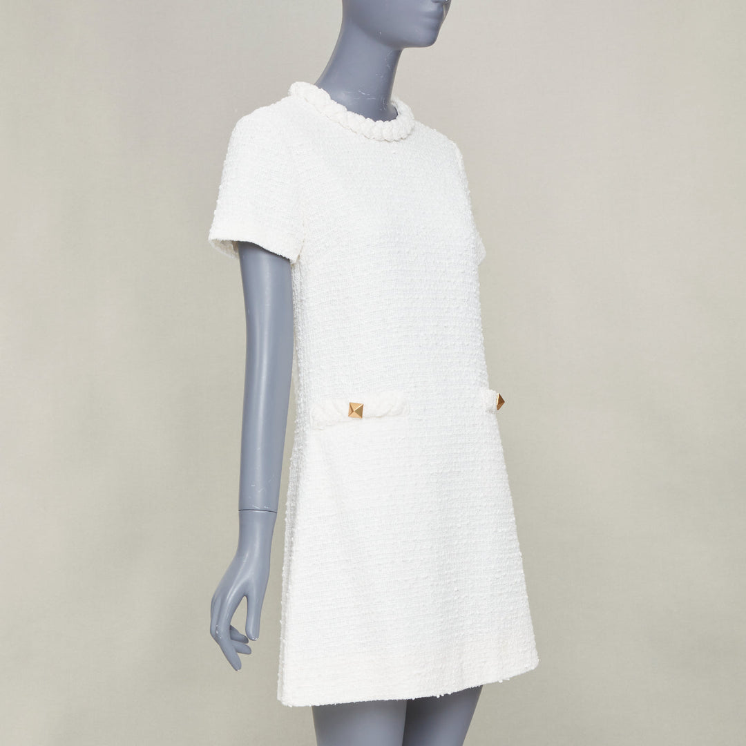 VALENTINO 2021 Roman Stud optical white cotton tweed short sleeve dress IT40 S