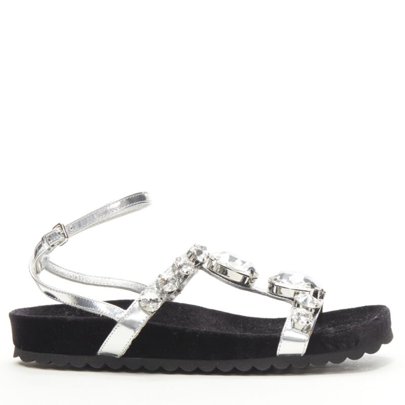 MIU MIU large rhinestone crystal metallic silver velvet flat sandals EU36
