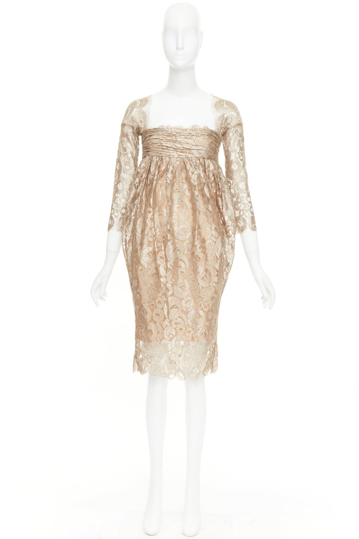 ROMEO GIGLI JOYCE Vintage ruched empire lace gold draped cocktail dress IT36 XXS