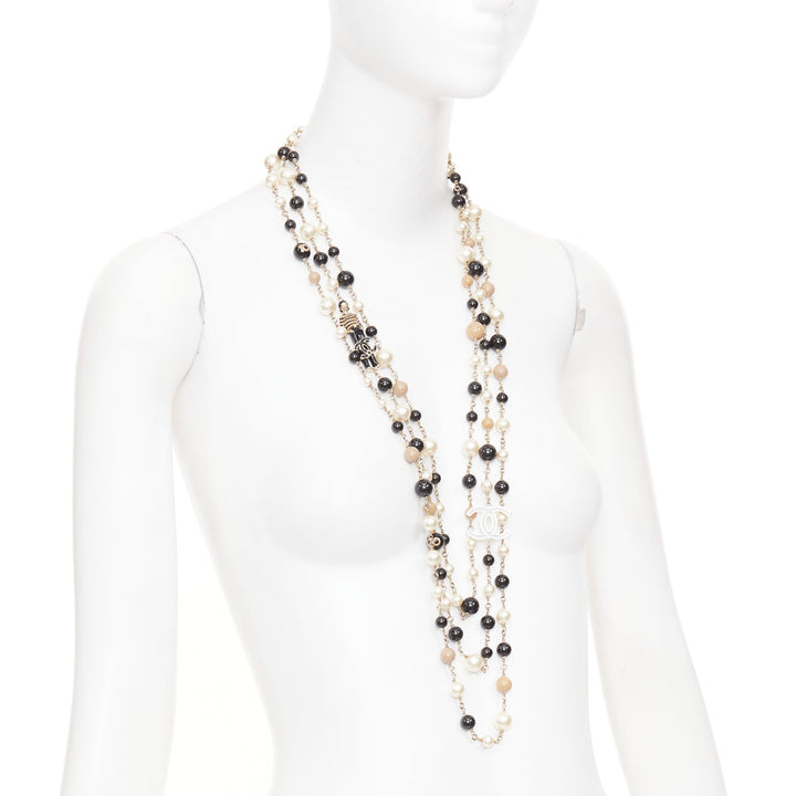 CHANEL B14C Coco Mademoiselle Figure black beige pearl triple sautoir necklace