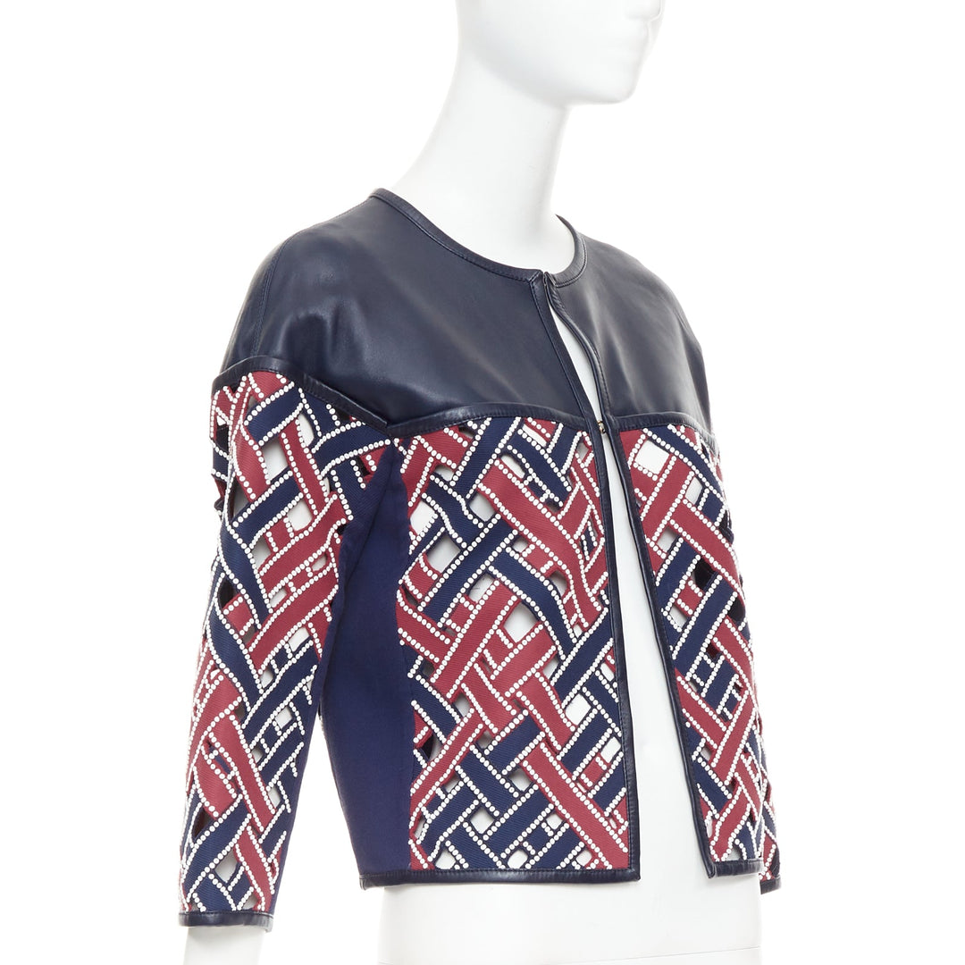 LOUIS VUITTON 2012 Runway navy red sequinned cut out woven leather jacket FR36 S