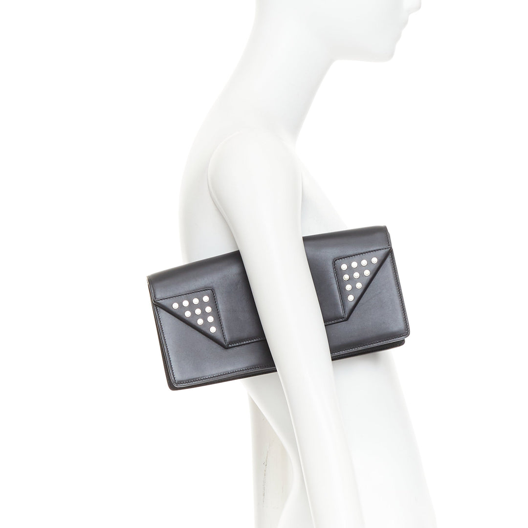 SAINT LAURENT Betty black smooth leather silver studded envelope clutch bag