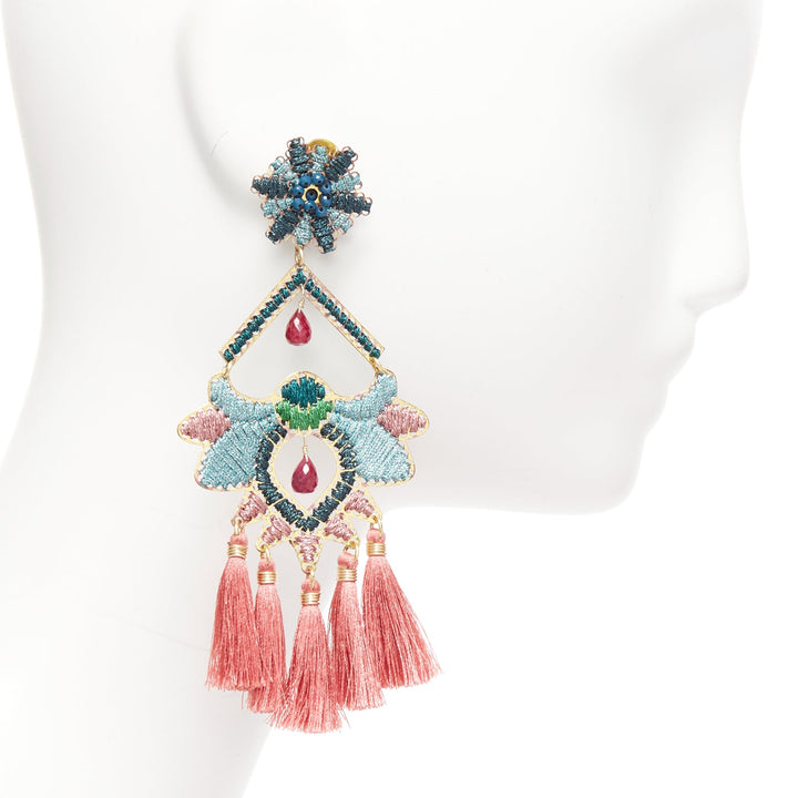 MERCEDES SALAZAR pink tassel green metallic applique clip on earrings Pair