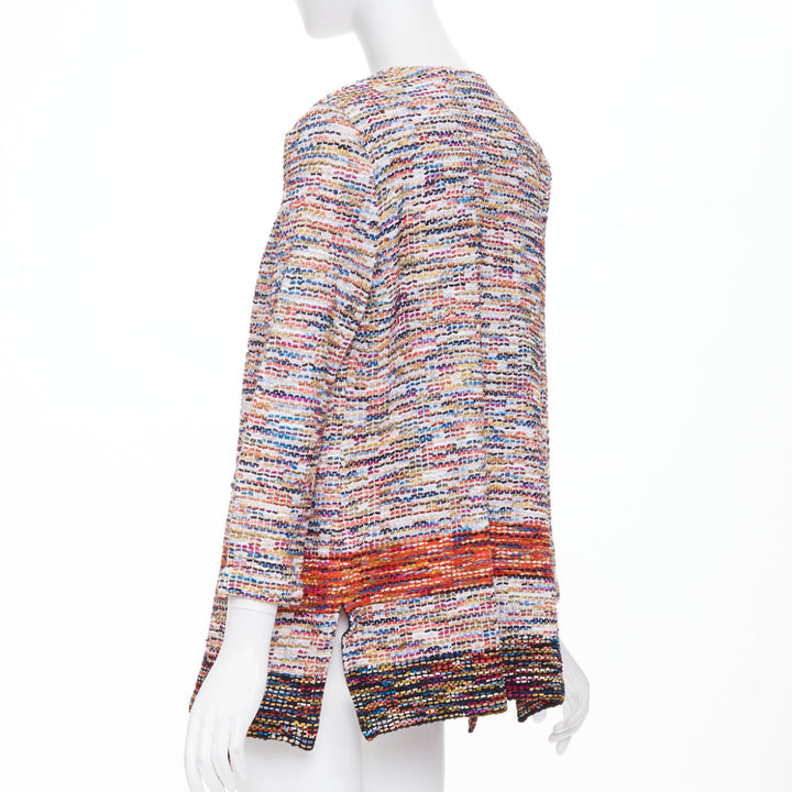 ST JOHN COUTURE multicolor rainbow ribbon trim tweed fringe knit cardigan M