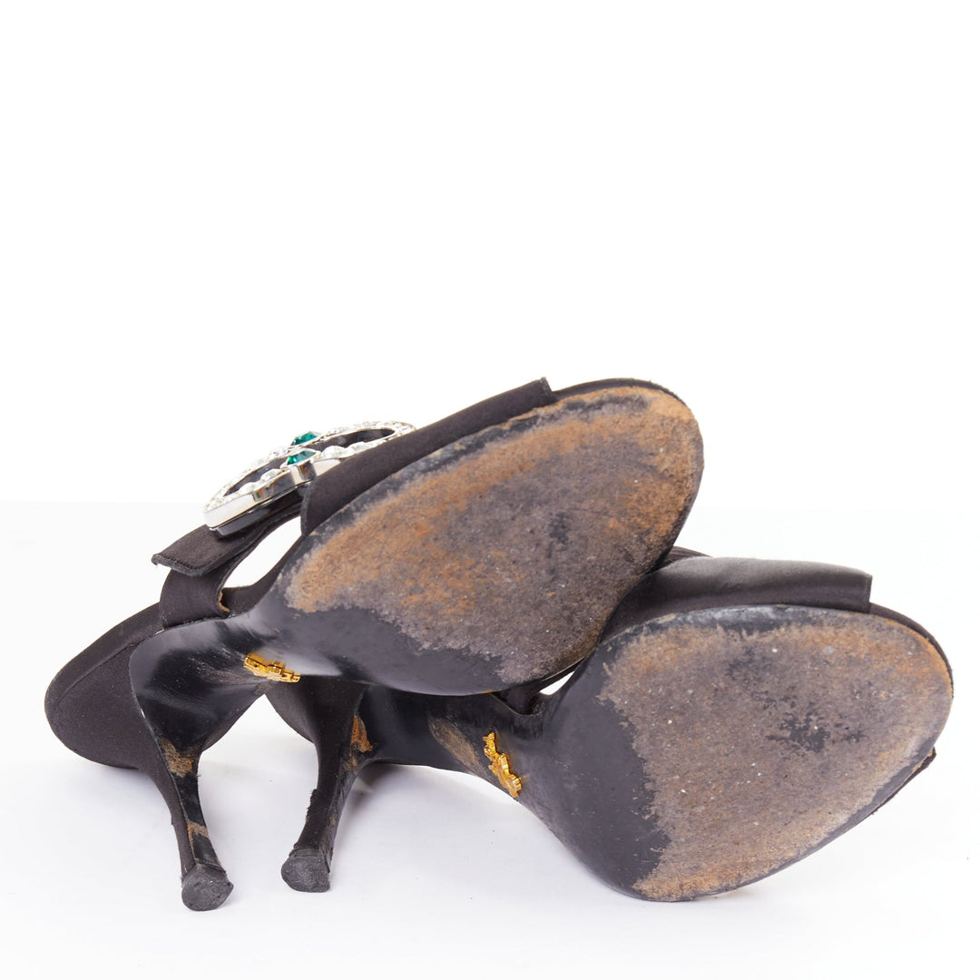 PRADA black satin green clear crystal buckle open toes muled sandals EU36.5