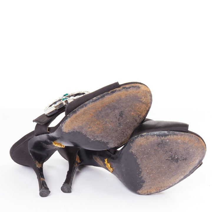 PRADA black satin green clear crystal buckle open toes muled sandals EU36.5