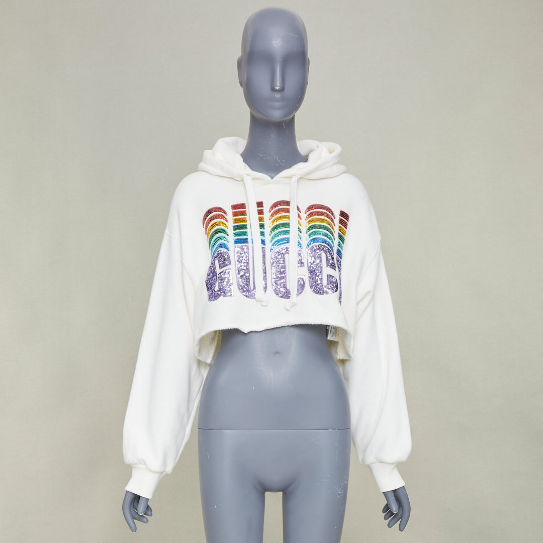 GUCCI 2020 white Rainbow Sequin Logo raw cut hem cropped hoodie sweatshirt S