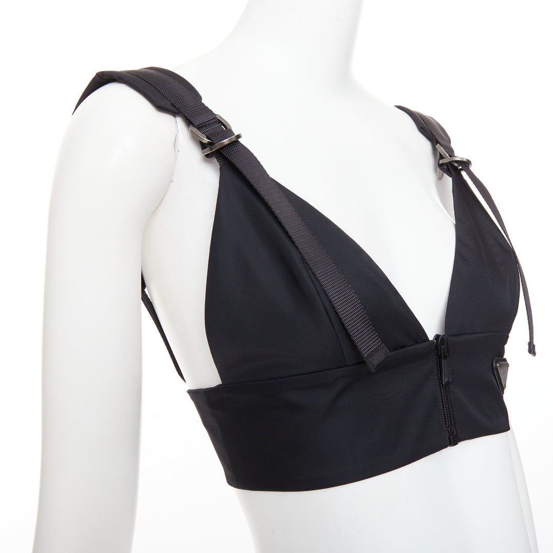 PRADA 2021 Re-Nylon Gabardine black logo buckle strap bralette crop top IT38 XS