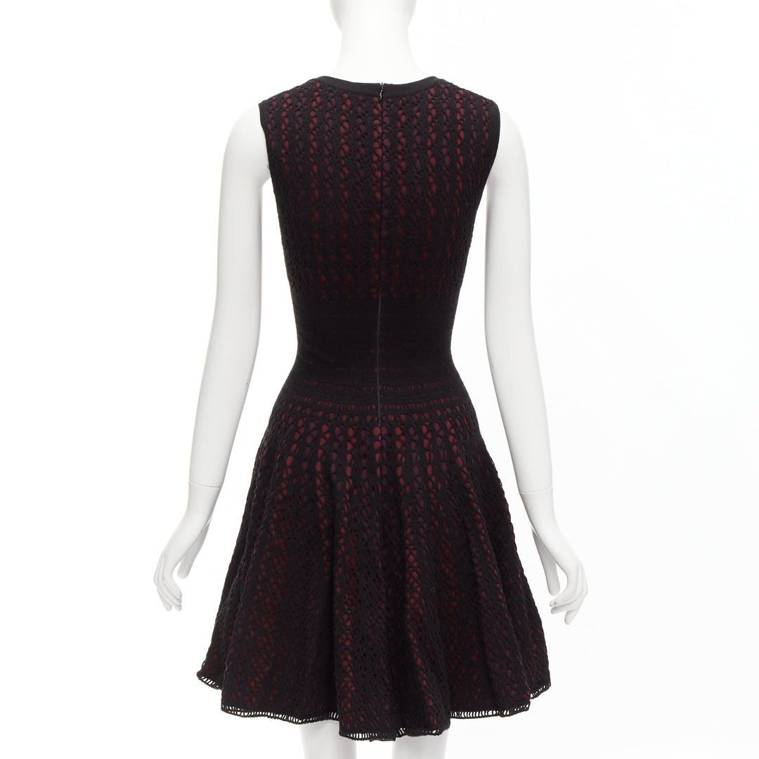 ALAIA black burgundy virgin wool blend cut out jacquard square neck dress FR36 S