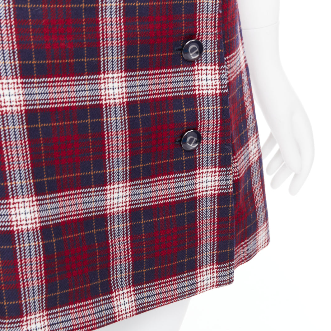 DIOR 2021 red navy virgin wool plaid silk lined A-line skirt FR34 XS