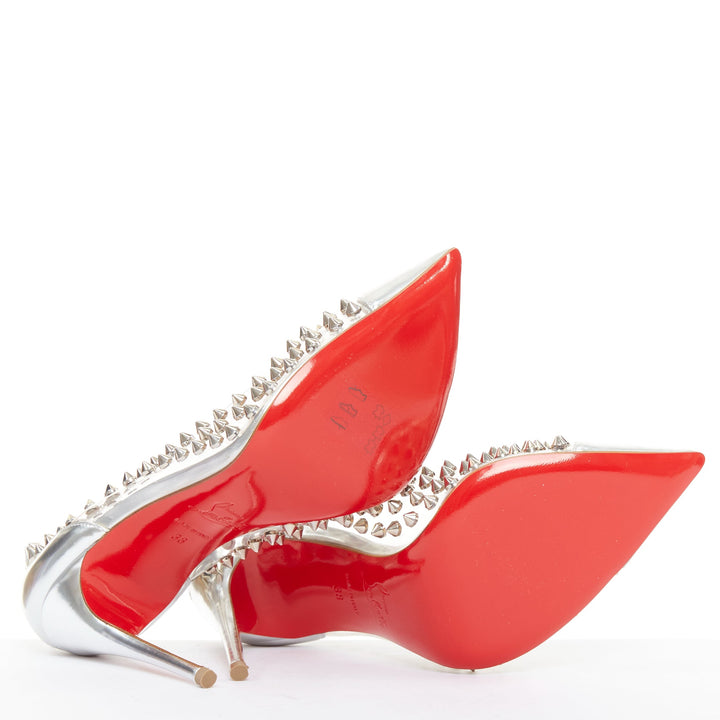 CHRISTIAN LOUBOUTIN Spike Me 100 Metal Gloss silver PVC spike stud pumps EU38