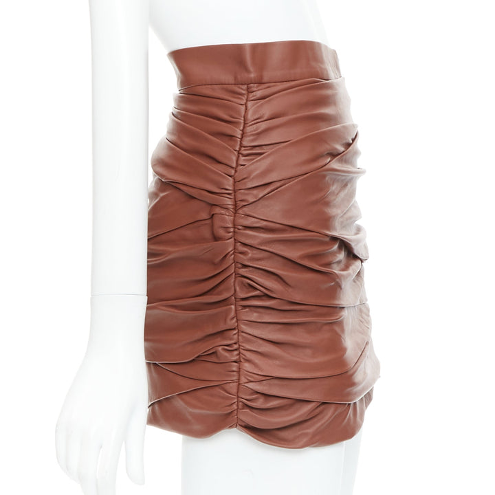 ZEYNEP ARCAY brown lambskin gathered ruched silk lined mini skirt FR34 XS