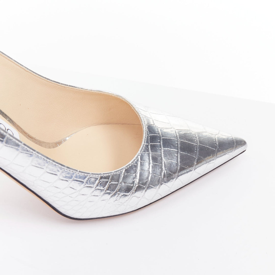 JIMMY CHOO Love mirrored silver croc embossed leather pointy pumps EU39.5