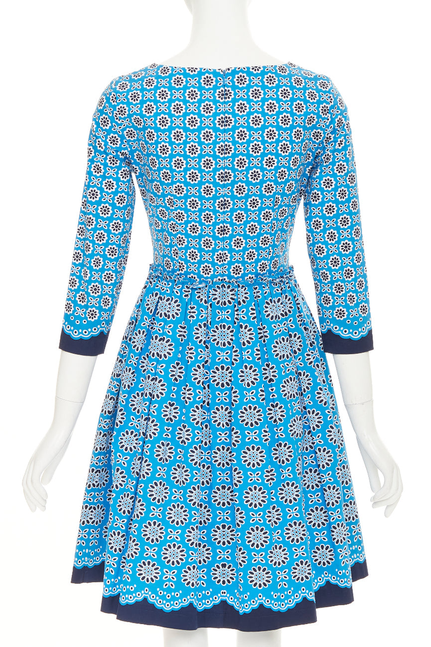 OSCAR DE LA RENTA S16 blue geometric floral print cotton A-line dress US0 XS