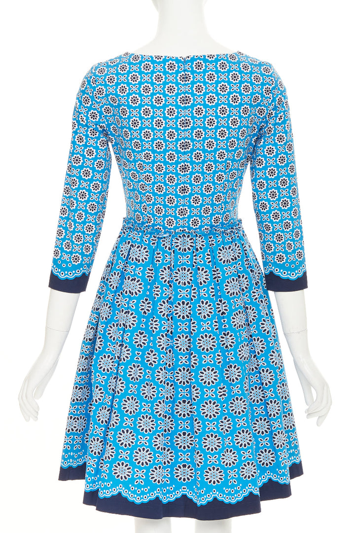 OSCAR DE LA RENTA S16 blue geometric floral print cotton A-line dress US0 XS