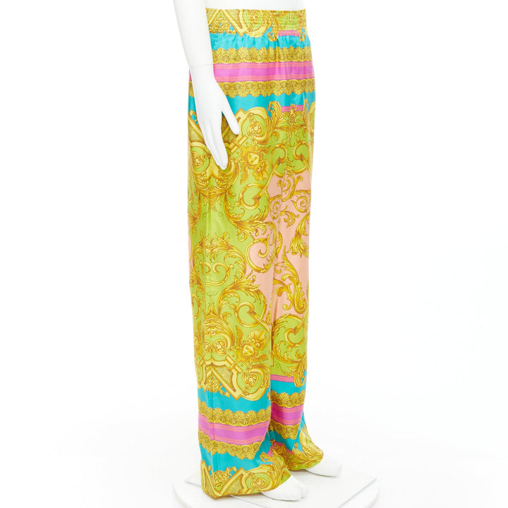 VERSACE Barocco Goddess 100% silk twill graphic print wide leg pants EU48 M