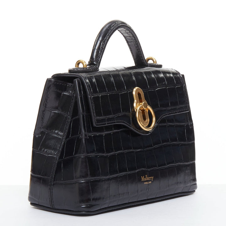 MULBERRY Micro Seaton black embossed cow hide gold turnlock logo crossbody bag