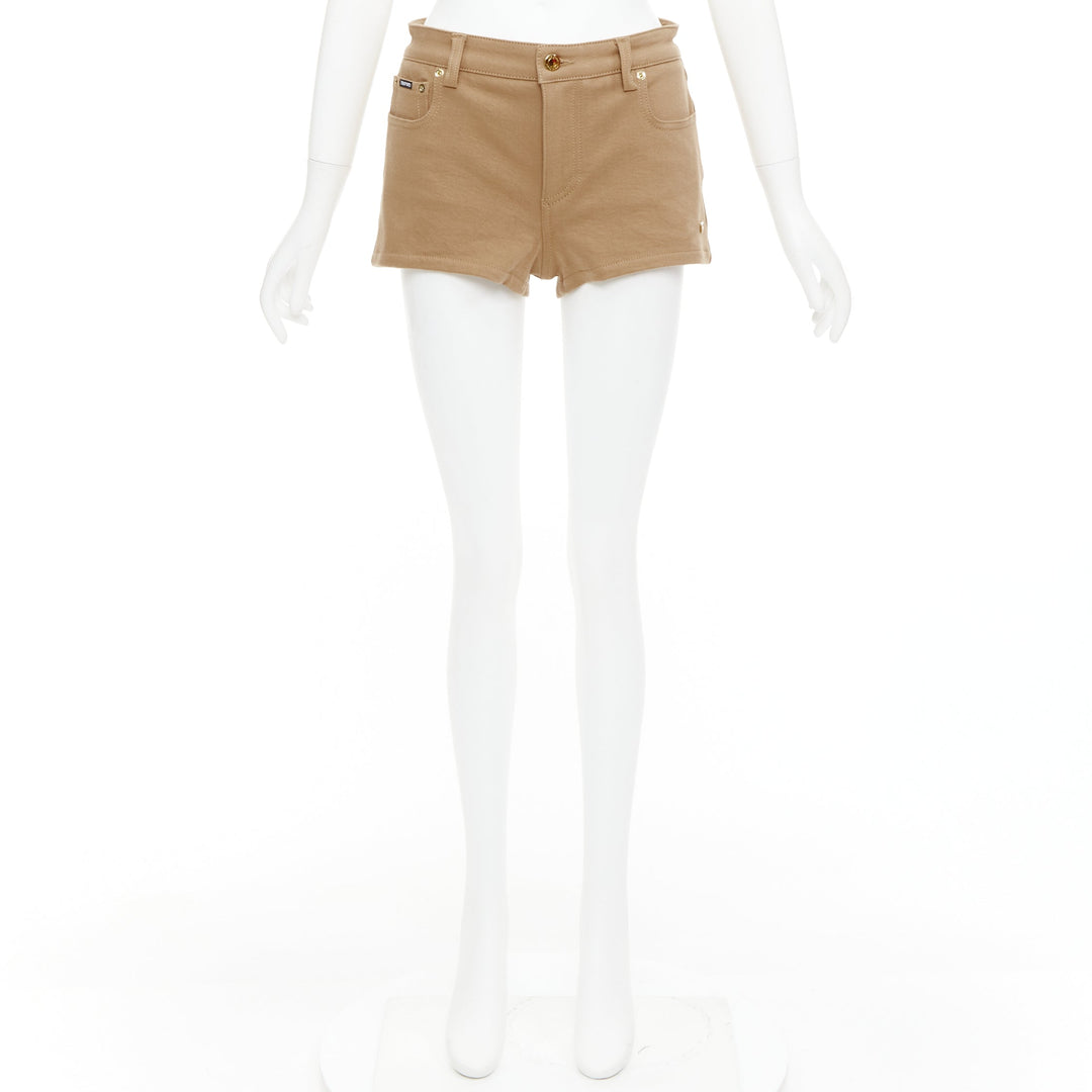 TOM FORD khaki cotton TF logo black blend leather trim mini shorts 25"