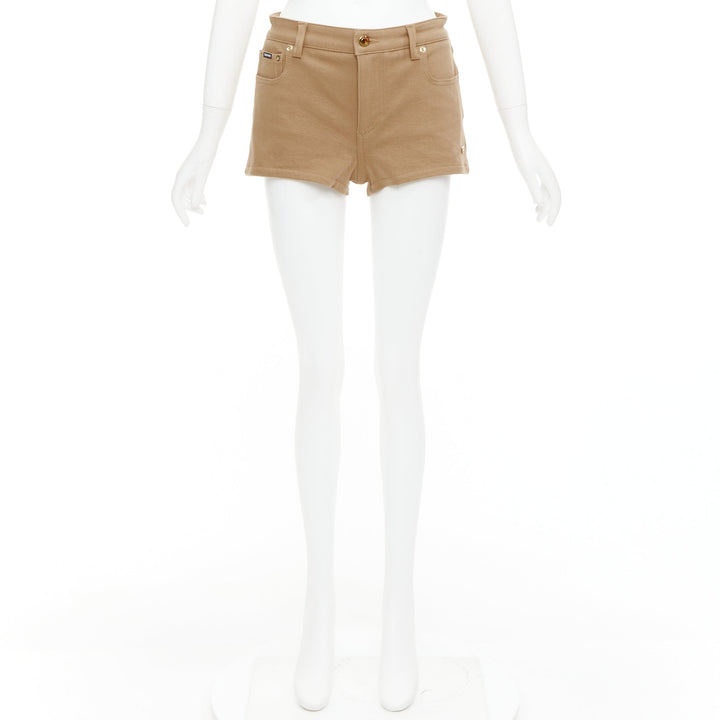 TOM FORD khaki cotton TF logo black blend leather trim mini shorts 25"